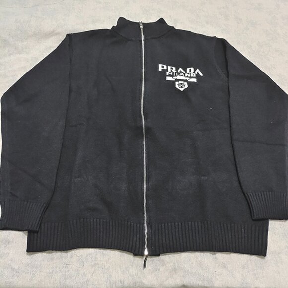 Jackets & Blazers - Prada Intarsia Knit Logo Zip Up Cardigan